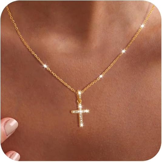 Cross Necklace for Women - Dainty Necklaces Trendy Small 14K Gold Plated Hypoallergenic Infinity Crown Cross Cubic Zirconia Pendant Box Rope Chain Necklace for Women Non Tarnish Jewelry Gift