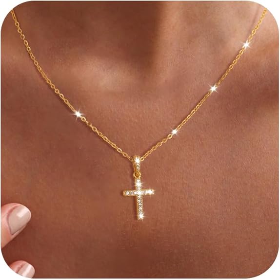 Cross Necklace for Women - Dainty Necklaces Trendy Small 14K Gold Plated Hypoallergenic Infinity Crown Cross Cubic Zirconia Pendant Box Rope Chain Necklace for Women Non Tarnish Jewelry Gift