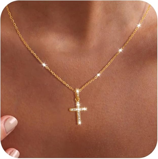 Cross Necklace for Women - Dainty Necklaces Trendy Small 14K Gold Plated Hypoallergenic Infinity Crown Cross Cubic Zirconia Pendant Box Rope Chain Necklace for Women Non Tarnish Jewelry Gift