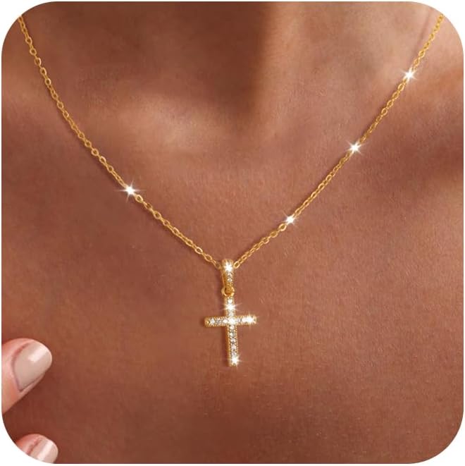 Cross Necklace for Women - Dainty Necklaces Trendy Small 14K Gold Plated Hypoallergenic Infinity Crown Cross Cubic Zirconia Pendant Box Rope Chain Necklace for Women Non Tarnish Jewelry Gift