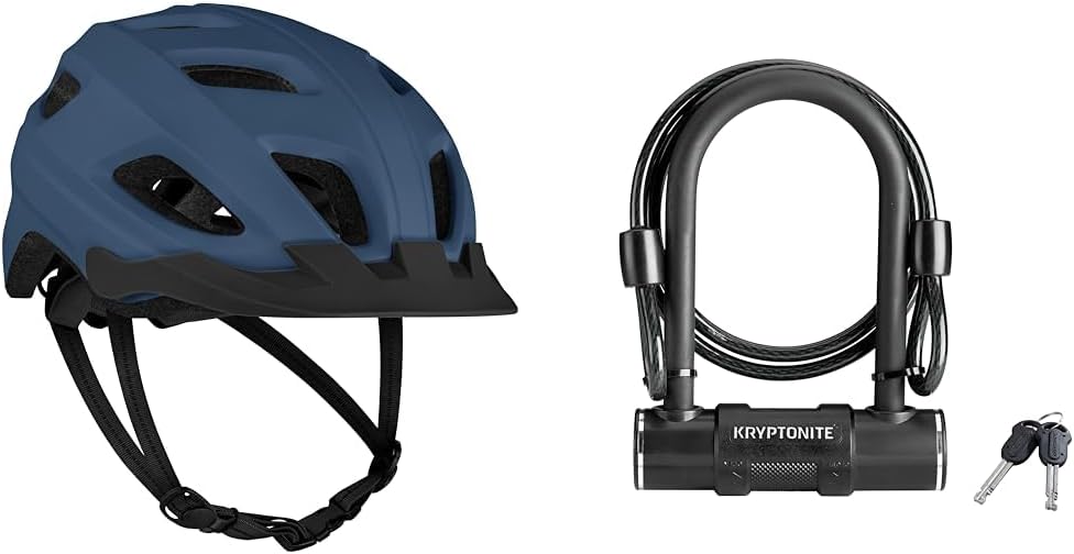 Retrospec Lennon Bike Helmet with LED Safety Light & Kryptonite Bicycle U-Lock with Braided Steel Cable