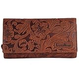 Chunkyrayan Cartera de Piel Auténtica Mujer Vintage Protección RFID Llavero de Cuero GB-27 Brown Flower