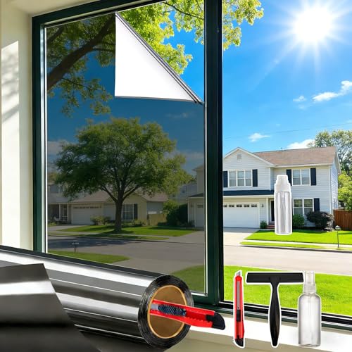 Dwersty One Way Daytime Window Privacy Film See Out Not in, Window Tint for Home, Reflective Mirror Glass Windows Coverings Sun Heat UV Blocking, Black-Silver, 17.5" X 78.7"