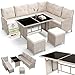 Juskys® Polyrattan Lounge Manacor mit Ecksofa, Esstisch, 2 Hocker & Kissen - Creme/Sand - wetterfest bis 7 Personen - Bezüge waschbar - Rattan Garten Sitzgruppe Gartenlounge Gartenmöbel Set