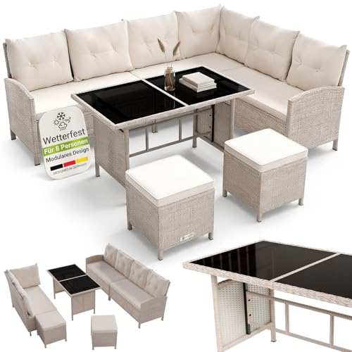 Juskys Salon de Jardin Manacor en résine tressée - mobilier extérieur avec canapé d’Angle Table Repas 2 poufs et Coussins - crème Sable