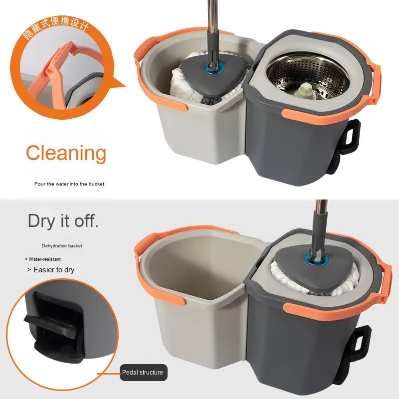 Image of EXVITO 360Spin Mop with Bucket|Dual Drive Floor Cleaning System with Stainless Steel Wringer|Super Absorbent Microfiber Heads 2 Refills Easy Self-Wringing MopSet for Home &Office - Pedal Grey