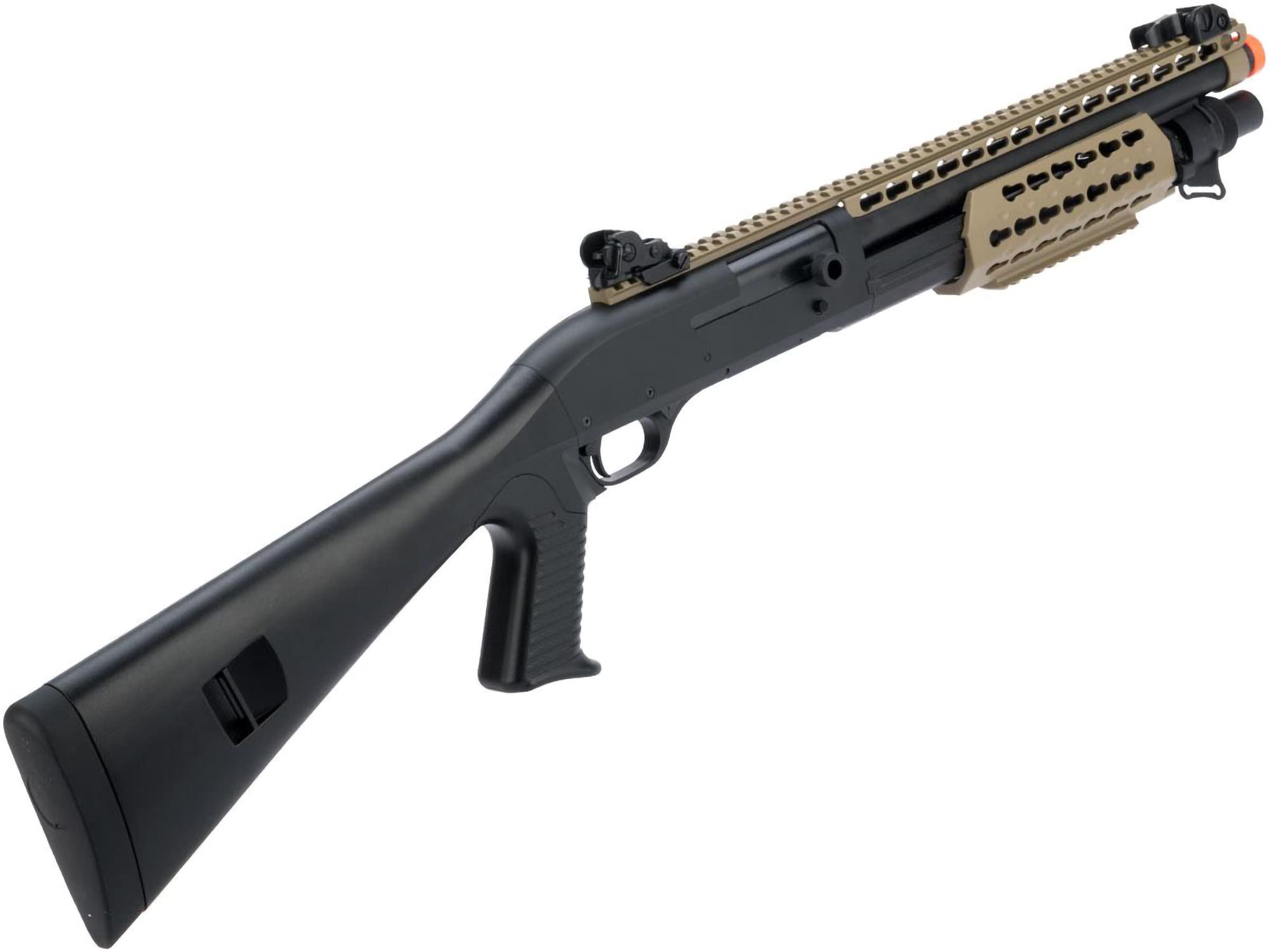 Evike Airsoft - CYMA Sport M3 3-Round Burst Multi-Airsoft Shotshell Loading Airsoft Shotgun (Model: Full Stock CQB w/Keymod/Tan)