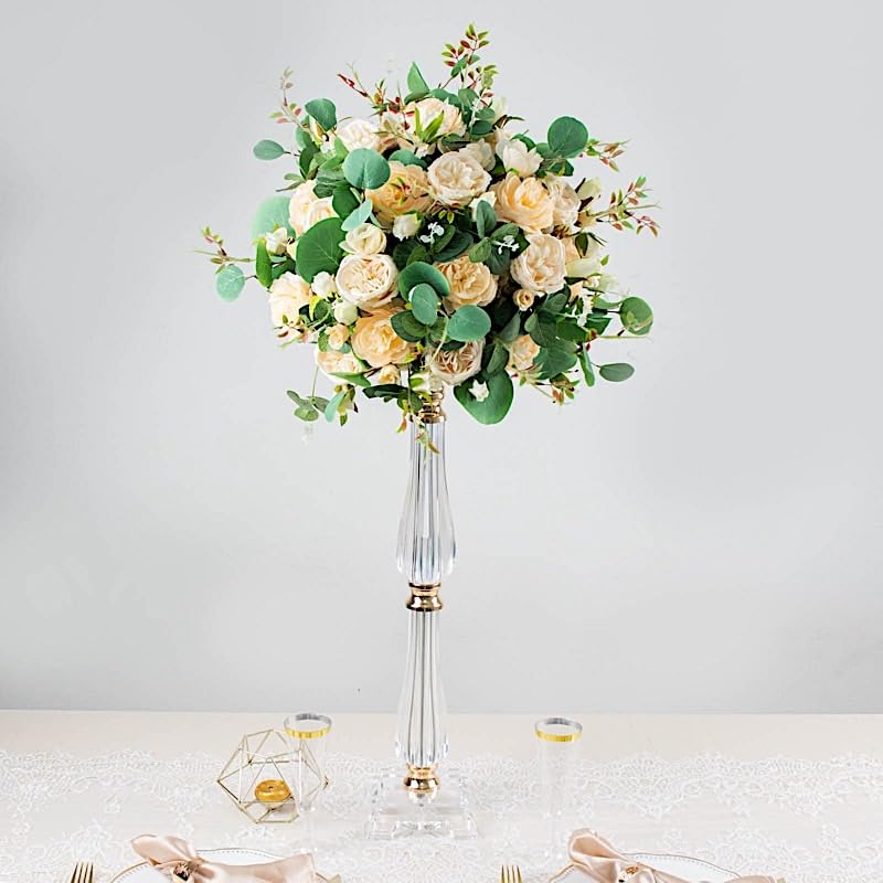 BalsaCircle 24 Inch Gold Metal Clear Acrylic Crystal Pillar Candle Holder Flower Ball Pedestal Stand Party Events Home Decorations Supplies