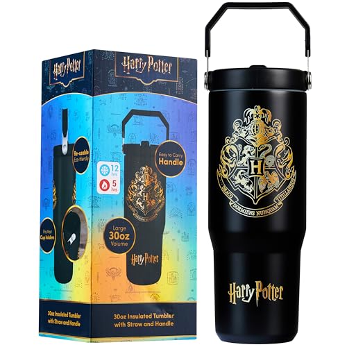 Get Trend Harry Potter Botella Termica con Pajita y Asa 850ml, Vaso Térmico Antigoteo Reutilizable, Taza Acero Inoxidable, Bebidas Frías y Calientes (Negro Harry Potter)
