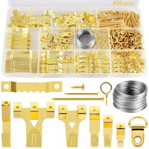 400 PCS Picture Hanging Kit - Assorted Hooks for Frames and Photos Perfect for Hard Walls - Includes Saw Tooth Hangers D-Rings Nails and Wire for Easy Installation