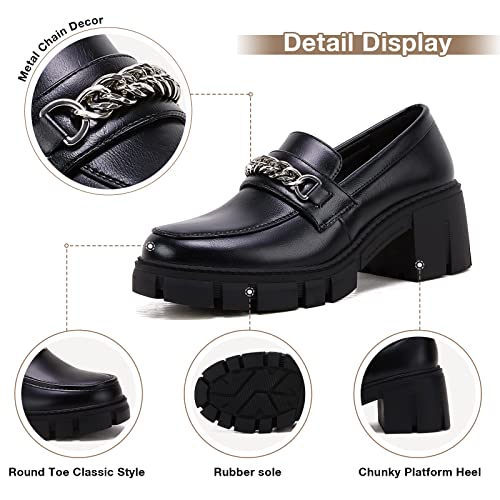 Image of TINSTREE Platform Loafers for Women with Chain Comfort Chunky Heel Slip On Round Toe Business Work Shoes