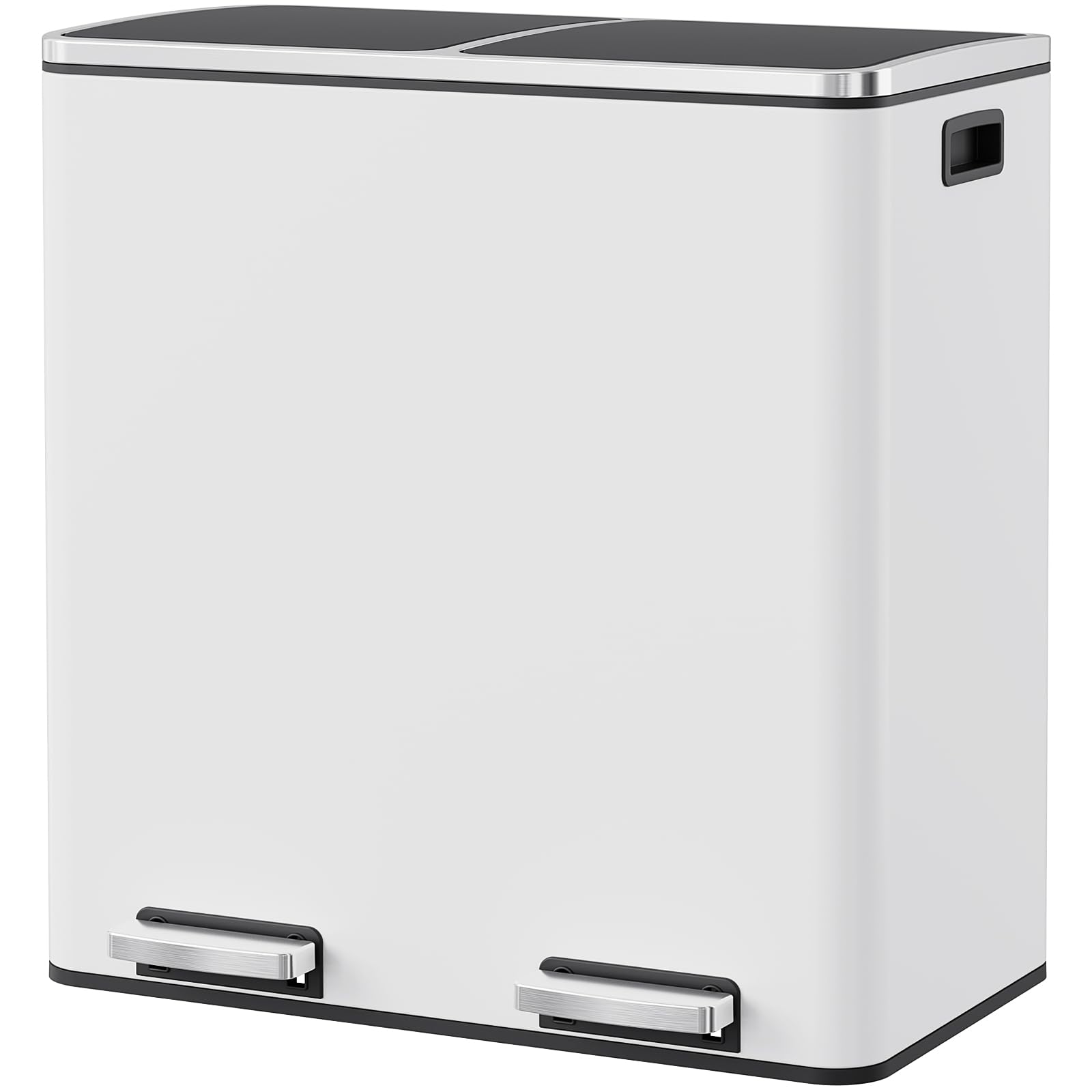 Arlopu Dual Trash Can, 2 x 8 Gallon (2 x 30 L) Hands-Free Trash and Recycle Bin Combo, Stainless Steel Kitchen Garbage Can with Soft-Close Lid, Removable Inner Buckets, Step Pedal, Airtight (White)