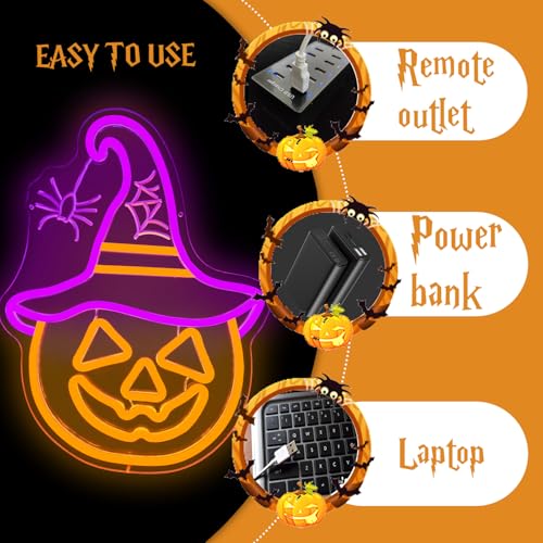Image of Halloween Neon Sign Pumpkin Neon Sign for Wall Decor Witch Hat Halloween Pumpkin Neon Light Halloween Decorations Spider Led Neon Light Up Sign for Halloween Party Window Porch