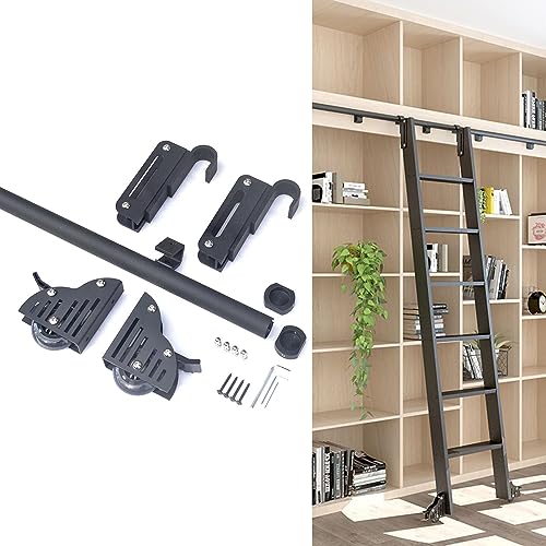 Rolling Sliding Ladder Hardware - Black Sliding Barn Ladde Library Hardware Track/Rail Kit(No Ladder), Round Tube Mobile Rolling Ladder Track, With Floor Roller Wheels for Home/Indoor/Loft(Size:12ft/3