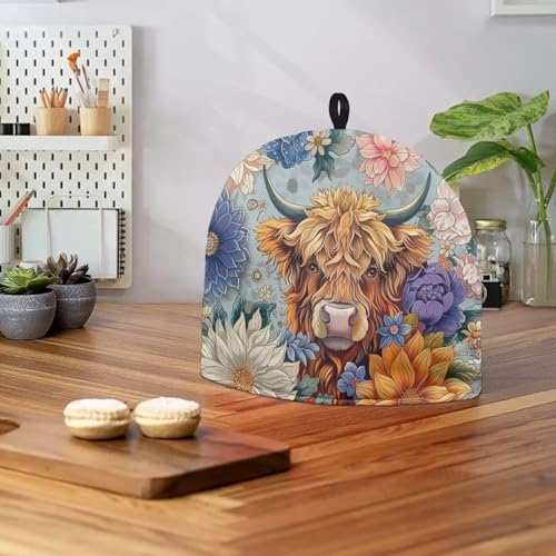 Image of Highland Cow Tea Cozy for Teapot - Insulated Showy Flower Pot Cover, Bohemia Cattle Wildlife Kettle Kitchen Dust Cover