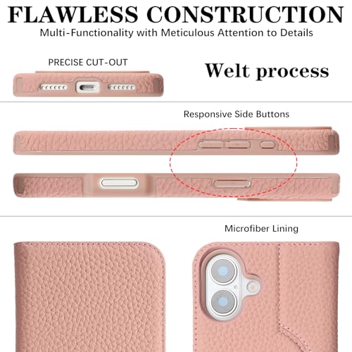 Image of Detachable Genuine Leather Case for iPhone 16 Wallet Case Magnetic 2in1 Removable Flip Cover Book Purse Compatible with Magsafe Charging Kickstand Card Holder-Pink
