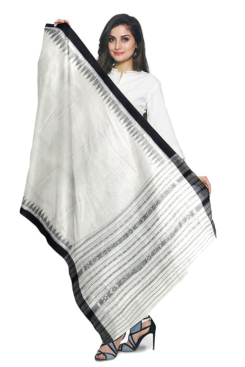 Image of Cotton Dupatta with weaving and Ikat woven border from the Weavers of Temple Border & Stole For Girls & Women
