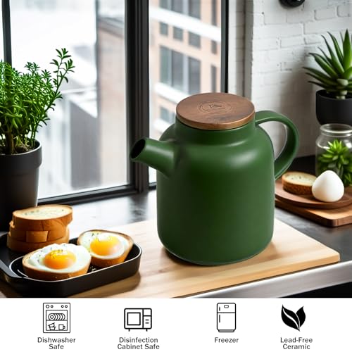 Image of Yundu 1500ml / 50 oz Ceramic Teapot with Infuser & Wood Lid - Matte Green, Loose Leaf Tea Pot with Removable Strainer, Large Capacity