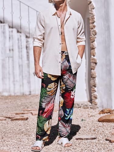 Image of PASLTER Mens Cotton Linen Pants Casual Summer Beach Pants Dress Trousers | Loose Fit, Elastic Drawstring Waist, Lightweight, Straight-Legs, Slacks, Yoga, Work, Vacation, Quick Dry
