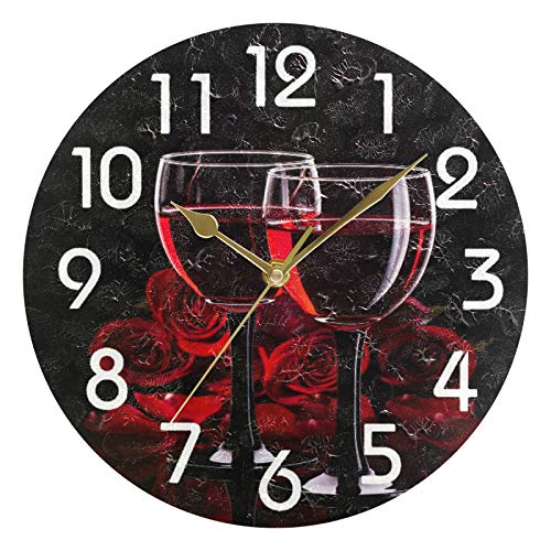 Naanle 3D Valentine's Day Glass Wine Red Rose Round Wall Clock, 9.5 Inch Battery Operated Quartz Analog Quiet Desk Clock for Home,Kitchen,Office,School