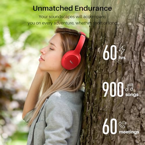 Image of TOZO HT2 Hybrid Active Noise Cancelling Headphones, Wireless Over Ear Bluetooth Headset, 60H Playtime, Hi-Res Audio Custom EQ via App Deep Bass Comfort Fit Ear Cups, for Home Office Travel Red