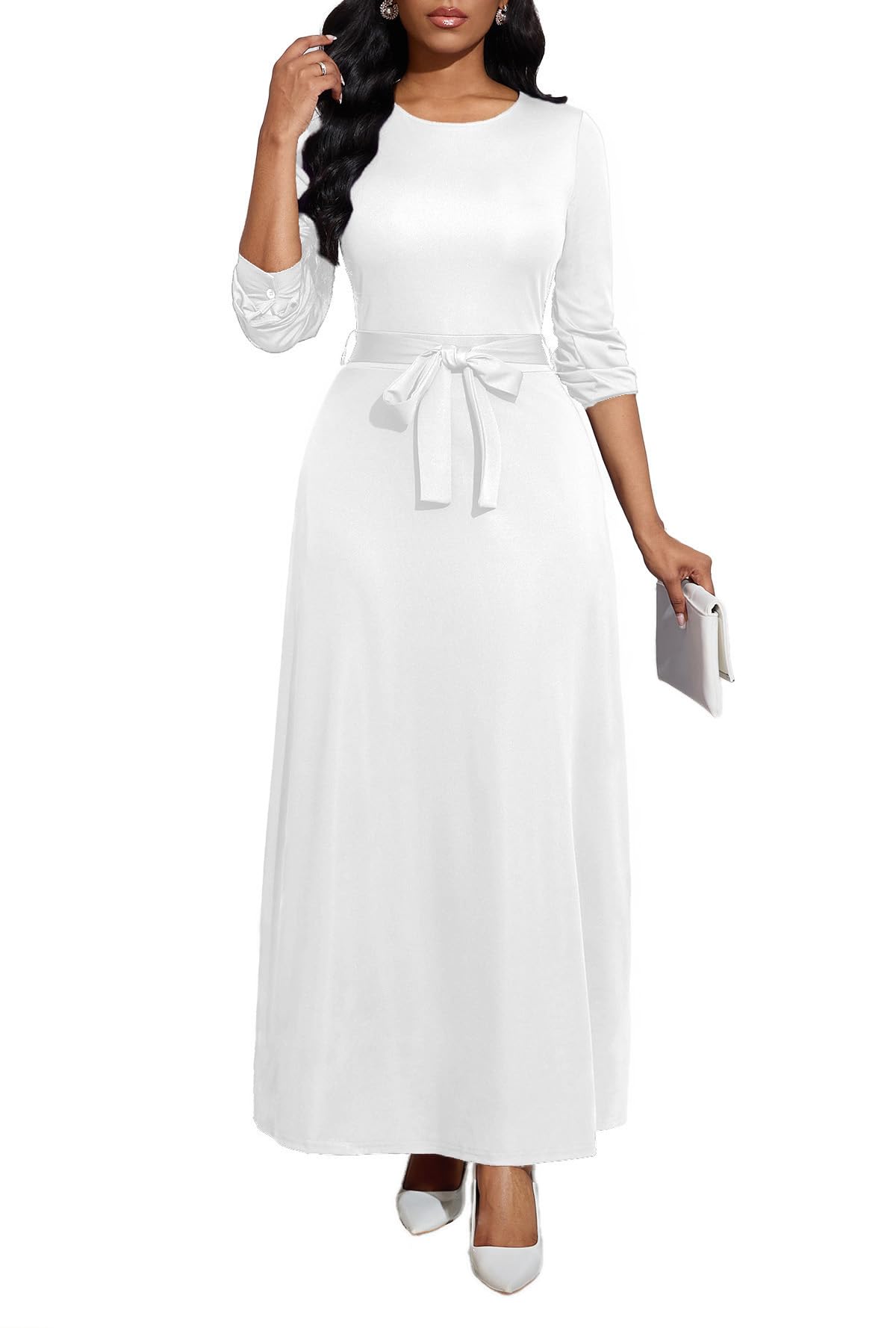 Long Dress for Women Casual Long Sleeve Dresses Maxi Dress Empire Waist Loose with Belt 2025