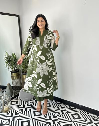 Image of LookMark Women's Floral Printed Cotton Blend 3 /4th Sleeve Knee Length V-Neck Kurta and Palazzo Set for Women
