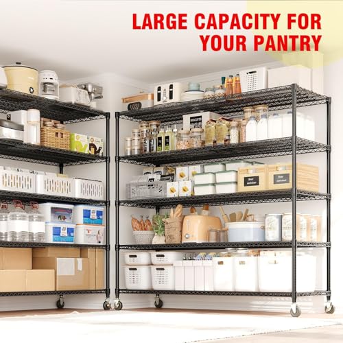 Image of GarveeTech 5-Tier Wire Storage Shelves with Wheels, 3300LBS Heavy Duty Metal Shelving Unit with Adjustable Storage Shelves for Home, Pantry & Warehouse, Easy Assembly, 82.6 inch H x 59W x 23.6 inch D