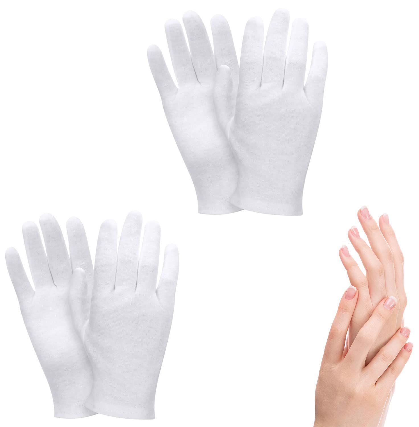 2 Pairs Cotton Moisturizing Gloves Over Night Bedtime White Cotton Cosmetic Inspection Premium Cloth Quality Eczema Dry Sensitive Irritated Skin Spa Therapy Secure Wristband One Size