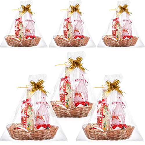 Maitys 26 Pcs Large Woven Bread Baskets Bulk for Gifts Empty Fruit Basket Gift with Clear Gift Bags and Gold Pull Bows 12.6 x 9.5 x 3.2 inch Food Storage Basket for Home Restaurant Kitchen