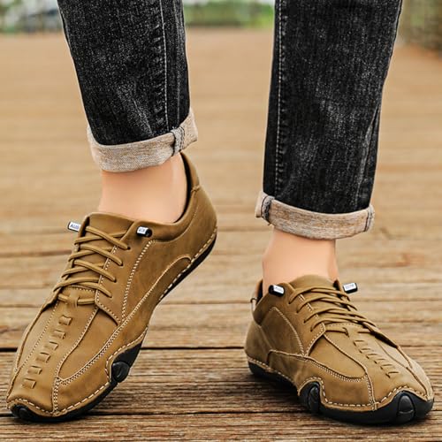 Men's Driving Shoes Casual Leather Slip on Loafers Lace-up Moccasin Design Lightweight Rubber Sole Breathable Comfortable Barefoot Walking Shoes 7