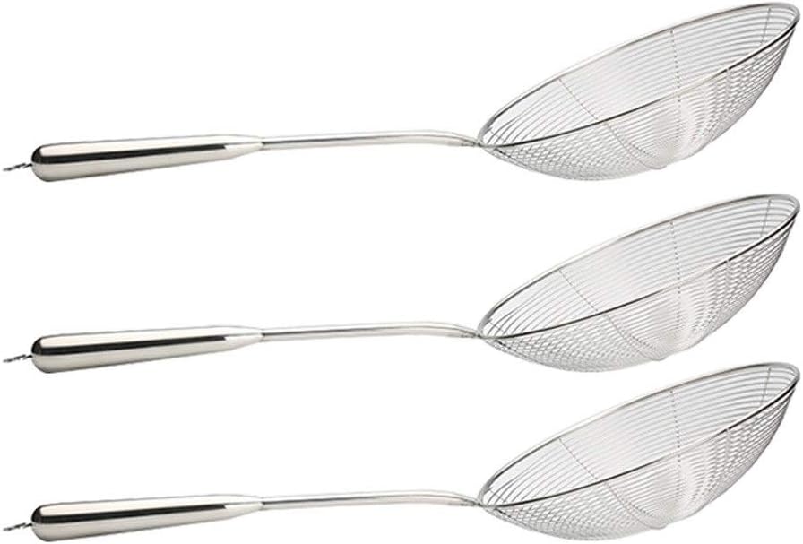 Leaky Spoon Set of 3 Stainless Steel Filter Screen Asian Strainer Ladle Stainless Steel Wire Skimmer Spoon with Handle for Kitchen Frying Food, Pasta, Spaghetti, Noodle Colander (Size : S)