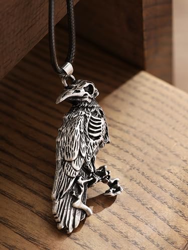 HAQUIL Raven Skull Necklace, Gothic Witchy Raven Bird Skeleton Skull Pendant, Faux Leather Cord, Goth Jewelry Gift4