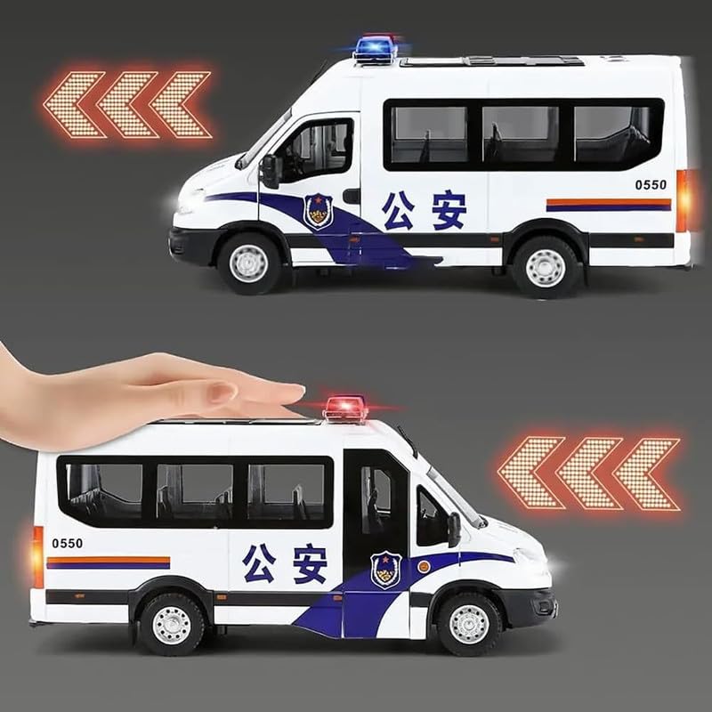 Image of Kids Model 1:24 Van Police Die Cast Metal Car Pull Back Action Opening Doors with Realistic Engine Sound Lights Toy Car Gift for Boys - White
