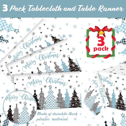 Ganeen 3 Pcs Christmas Tablecloth Disposable Plastic Merry Christmas Trees Table Cloth Snowflakes Star Buffalo Plaid Blue Rectangle Table Cover Waterproof for Xmas Winter Party Decor, 54 x 108 Inch – Image 7