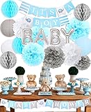 Baby Shower Dekorationen Junge, Babyparty Dekoration Junge Blauer Elefant It's A Boy Baby Shower Banner, mit Papierlaterne Blumen Pom Poms Wabenkugeln, Folienballons, Blau Grau Babyparty Deko Zubehör