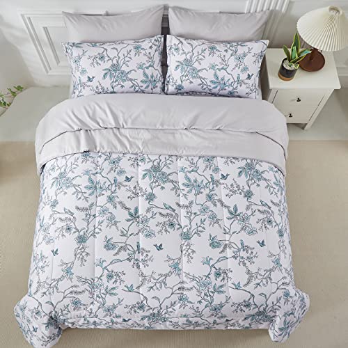 Yogeneg Botanical King Size Comforter Set Queen Size 7 Pcs Bed In A Bag,Aqua Green Leaves Floral Bird Printed On White Reversible Design,Soft Microfiber Bedding Complete Set For All Season(Aqua,King) #TOP2