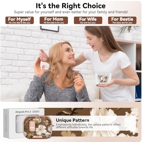 Image of for AirPod Pro 3 Case 2025, with Safty Lock & Phone Stand for Floral AirPod Pro 3 Generation Case Cover for Women Girly, iPod Pro 3 Cases with Keychain & Cleaner Kit -Brown +White Flower