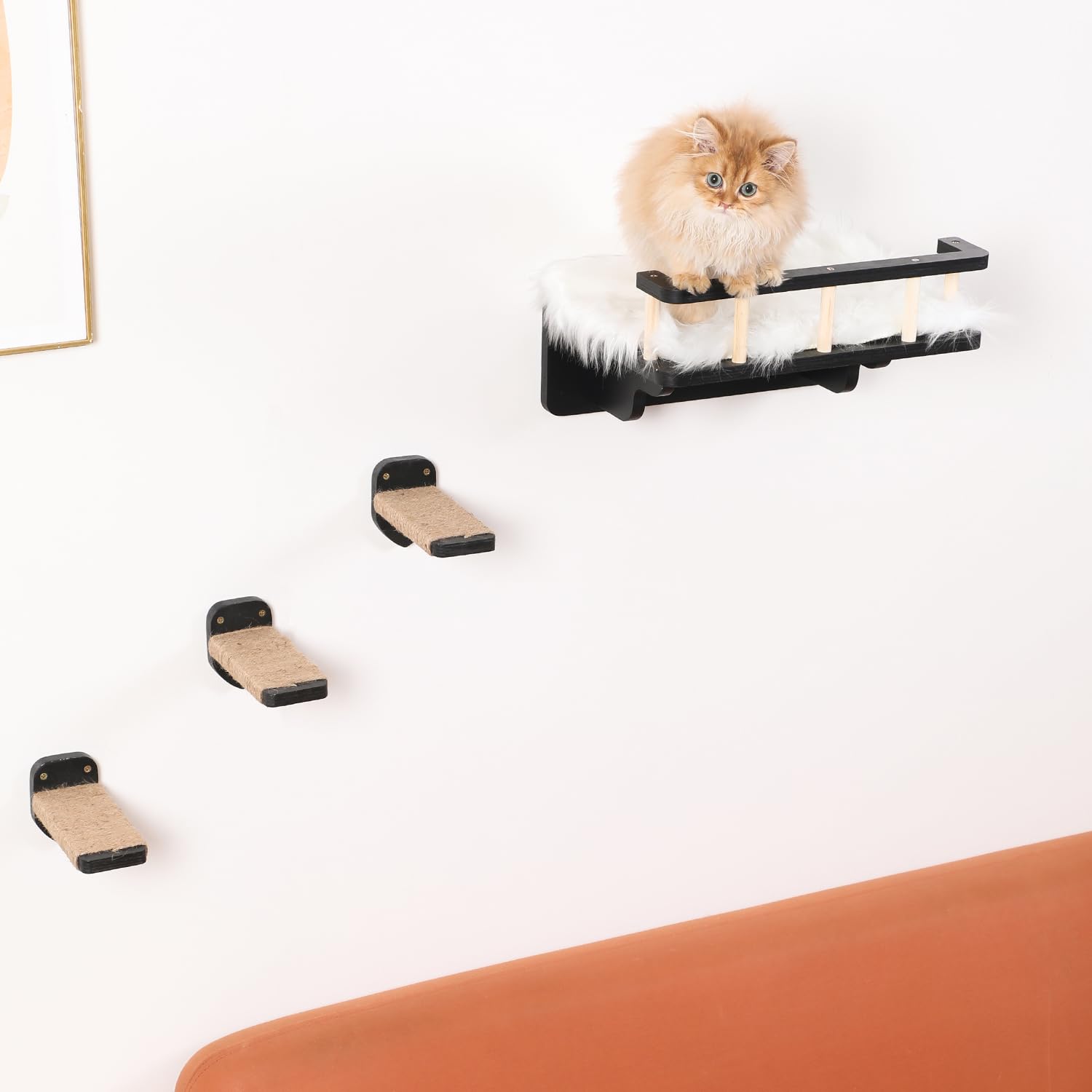 Katzen-Wandregal mit 3 Stufen und Plüschbezug für Hauskatzen, Schwarz