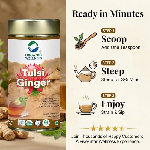 Image of Organic Wellness Tulsi Ginger Herbal Tea 100g Tin | Natural Antioxidant Rich Blend | Supports Digestion | Relieves Stress | Boosts Metabolism | Enhances Immunity | Soothing Refreshing Daily Beverage