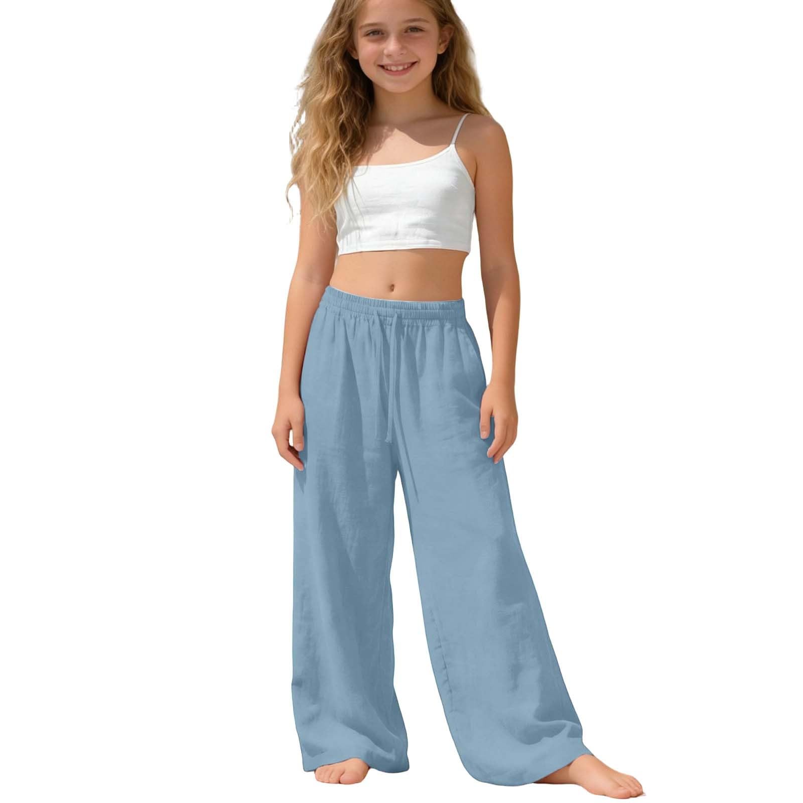 Pantalones de Verano Niña Algodón y Lino Cintura Elásticos Bolsillos Cordón Sueltos Causal Ligero Transpirable Deportivo 4-15 años