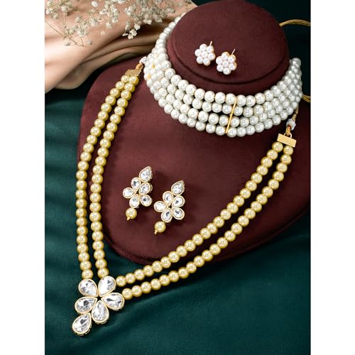 Image of Peora Crystal Faux Pearl Kundan Necklace & Jewellery Set Gift for Women