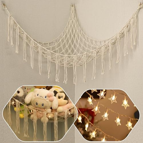 Stuffed Animals Net or Hammock with LED Light, 59 inch Toy Hammock Net for Stuffed Animals Corner Hanging Stuffed Animal Storage Stuffed Animal Holder for Nursery Kids Bedroom (White)