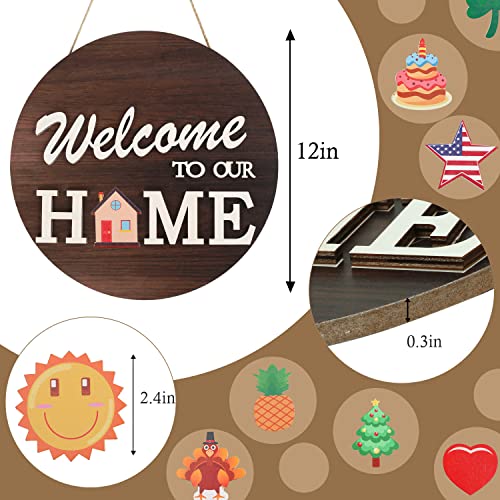Interchangeable Welcome Sign For Front Door With 4 Seasonal Wreaths And 14 Changeable Icons, Farmhouse Front Door Signs, Door Decoration Porch Decor, Seasonal Rustic Wooden Home Sign Home Décor (6Wood) #TOP3
