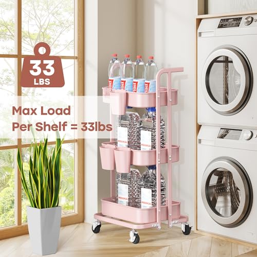 Image of DTK 3 Tier Foldable Rolling Cart, Metal Utility Cart with Lockable Wheels, Folding Storage Trolley for Living Room, Kitchen, Bathroom, Bedroom and Office, Pink