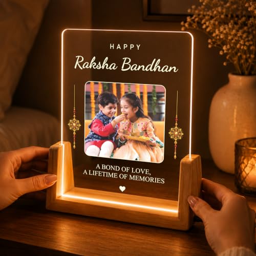 Image of Giftplease Personalized Raksha Bandhan LED Acrylic Photo Frame with Custom Picture and Message, Wooden USB Night Lamp, Brother Sister Festival, Rakhi, Rakshabandhan, Table Decor, Engraved Memory Keepsake