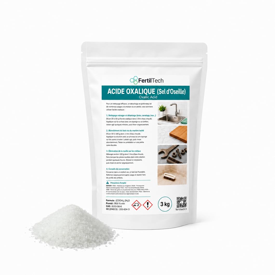 Ácido oxálico 3 kg – Sal de trébol de alta pureza ≥ 99,6 % | Potente limpiador para madera, mármol, aluminio, metales y suelos, para el hogar, taller, renovación, bricolaje
