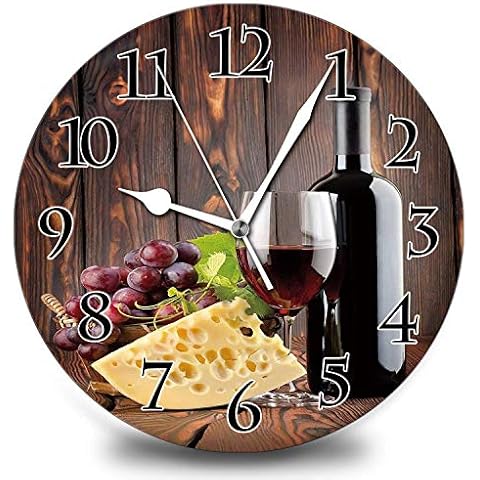 erolrail Wine Champagne Grape Vintage Home 14 Inch Silent Vintage Design Wooden Round Wall Clock Arabic Numerals Design Non Ticking Retro Clocks Home Decor Desk Clock Cover
