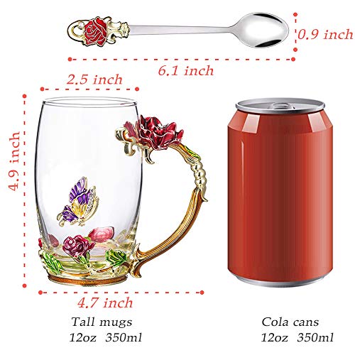 COAWG Flower Glass Tea Mug with Spoon, 12OZ Red Flower Lead-Free Hand Made Enamel Rose and Coloful Butterfly Clear Glass Coffee Cup Mother Christmas Thanksgiving
