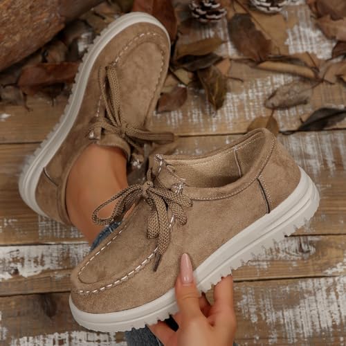 Women's Suede Moccasin Low-Top Chunky-Sole Loafers Slip-On Lace-Up Comfortable Anti-Slip Fashion Flat Casual Sneakers4